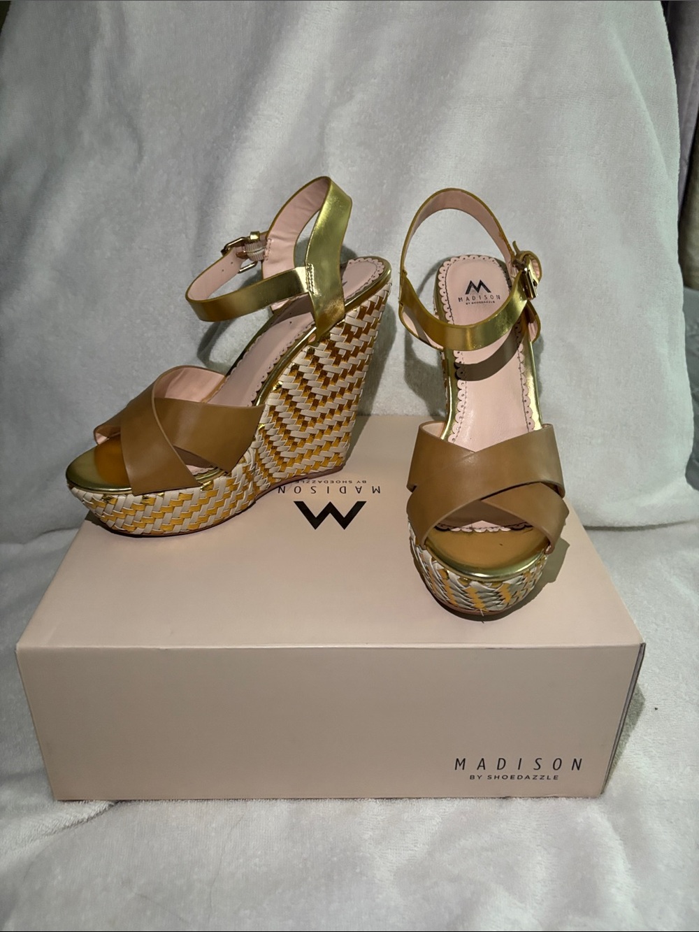Madison White and Gold Woven Wedge Sandals